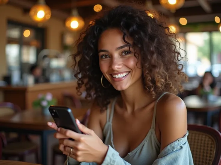 1 woman, Brazilian, beautiful, casual clothes, looking at the observer, with cell phone in hand,  smiling at the observer, sitting in a coffee shop, perfect anatomy of the fingers and hands.