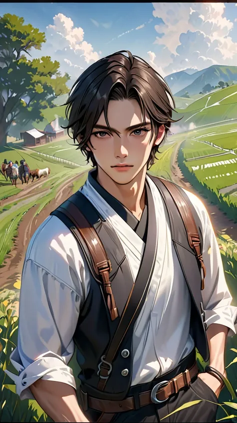 Japanese,23-26, Handsome man,  fair skin, black eyes（thin eyes 1：3), (Super detailed, best quality, 4K, 8k, High resolution, masterpiece:1.3) realistic, rancher, farm field, rancher outfit,