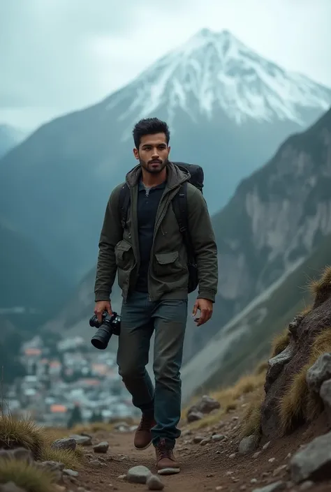 Boy between 25 and 30 years old ,  dressed as a Latin American , Moreno nomás , photographer returning from a mountain ,  with a cloudy and cold climate to a town 
That Im coming down from a mountain 