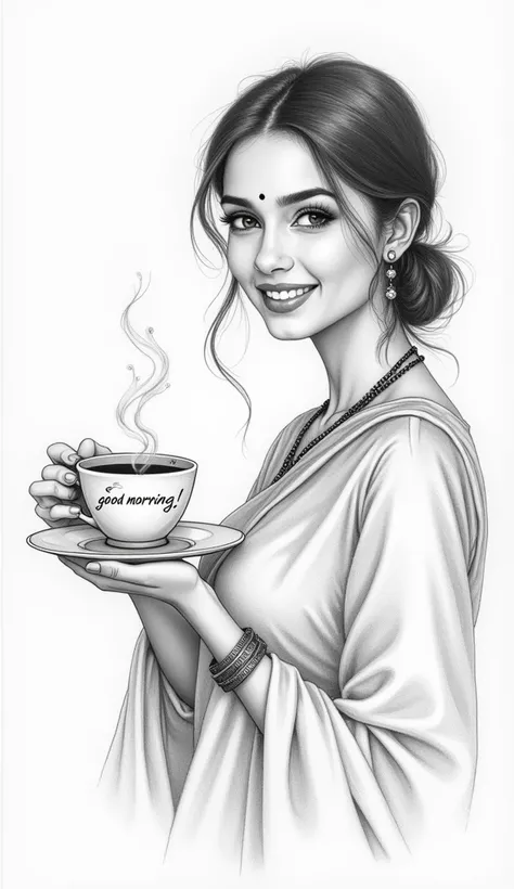 pencil sketch of SOUTH INDIAN GIRL AGE 30 YEARS beautiful face WEARING SILK SAREE, HOLDING COFFEE CUP WITH SMILE, text "Good Morning !!" in coffee cup with DESIGN AND smoke.
