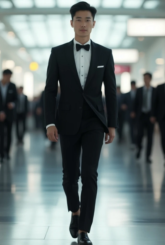 araffe dressed in a tuxedo walking through a terminal, wearing tuxedo, handsome and elegant, wearing a tuxedo, wearing causal black suits, formal attire, he is wearing a suit, well - dressed, tuxedo, wearing a black suit, wearing black suit, wearing a blac...