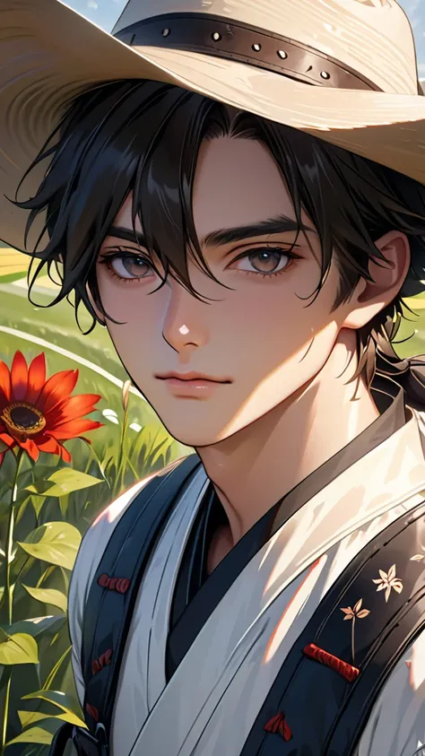 Japanese,23-26, Handsome man,  fair skin, black eyes（thin eyes 1：3), (Super detailed, best quality, 4K, 8k, High resolution, masterpiece:1.3) realistic, rancher, farm field, rancher outfit, Half Body