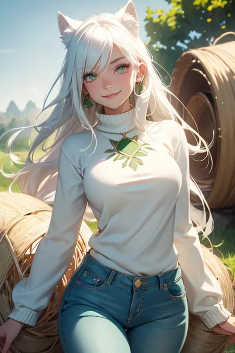 Perfect face. Perfect smile. A young white haired woman with green eyes with an hourglass figure with white wolf ears and a white wolf tail in a green sweater and jeans is smiling while posing on a hay bale

