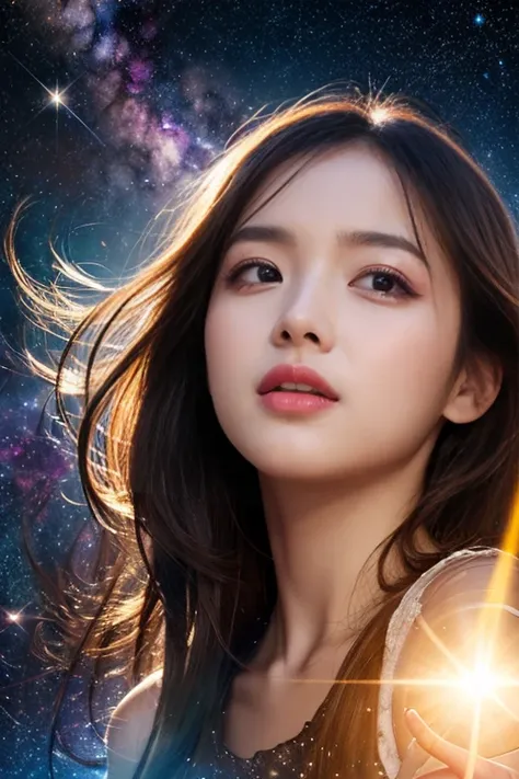 high detail,   Super Detailed,  super high definition, A girl having a good time in a dream galaxy, Surrounded by stars, The warm light that shines on her, The background is a starry sky with colorful galaxies and galactic clouds, The flying stars surround...