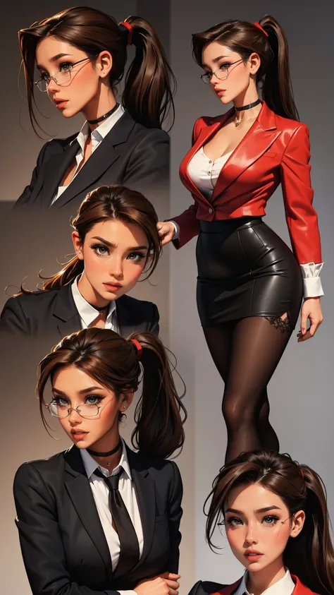 ((Masterpiece, Highest quality)), Detailed face, (character design sheet), full bodyesbian, Full of details, frontal body view, back body view, Highly detailed, Depth, Many parts, Multiple poses and expressions (young woman with ponytail brown hair) (light...