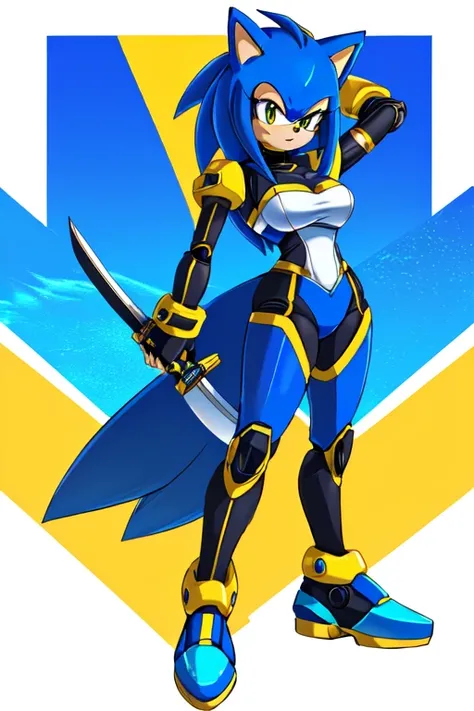 sonic the hedgehog by on devite, sigma female, sonic oc, katana zero video game character, based on bumblebee, emma bot queen, from sonic, as a retrofuturistic heroine, high quality fanart, badass pose, merged character, as a retro futuristic heroine, some...