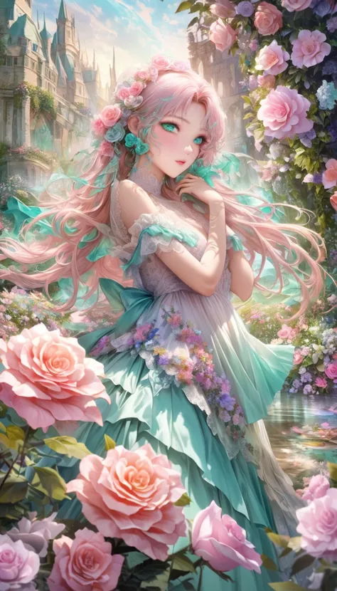 Whimsical Fantasy、Elegant rose flower、botany、Minimalism、Wave of flowers、Flowing Flower、A garden floating in a hazy pastel pink, Aqua Green, Pastel Apricot,  There is a good atmosphere、Very realistic flowers,  Octaine Rendering , Josephine Wall Art,  Alice ...