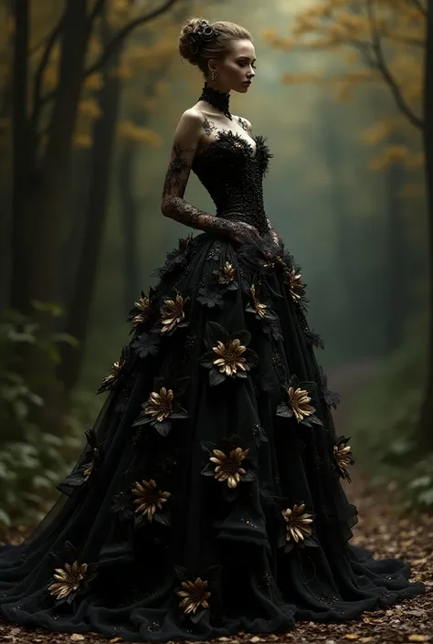 Haute Couture dress ,  flowers black and gold, Alexander McQueen, fairy