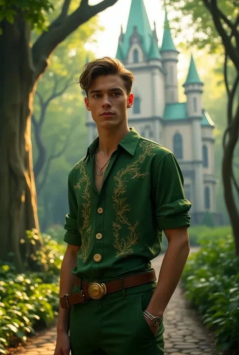 A very large academy that is in a magical forest called Neverland Academy and that is the character Peter Pan but a 17-year-old teenager with a very handsome face with his shirt with green leaves and gold buttons and his green pants 