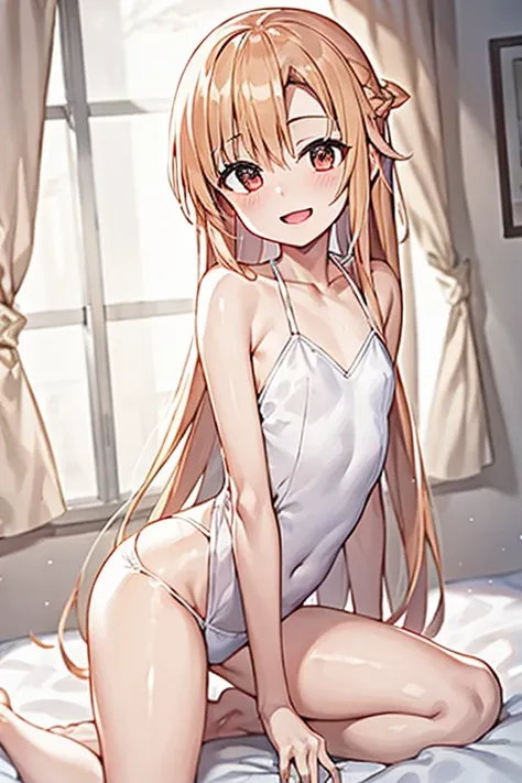 ((Best Quality)), ((masterpiece)), (be familiar with),  perfect face, indoor, bedroom,  watching viewers,
One woman, Yuuki Asuna,
Open Mouth, Ecstatic expression, blush, smile,
Small breasts,  flat chest, , , child, Girl,
Long Hair,  long hair,
Leg spread,