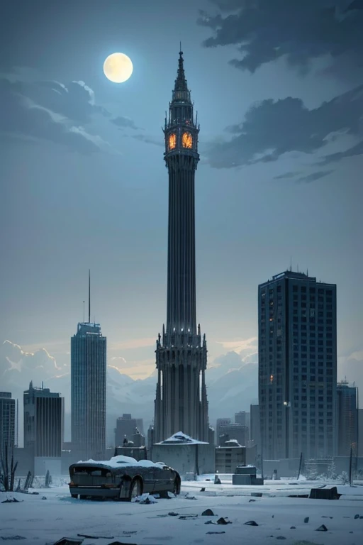 Create a landscape of a huge abandoned modern city in the middle of a blizzard, as if I were in the middle of an apocalypse, only snow, but that it is also a beautiful image to see, about the night, with two moons in the sky accompanied by very few stars, ...