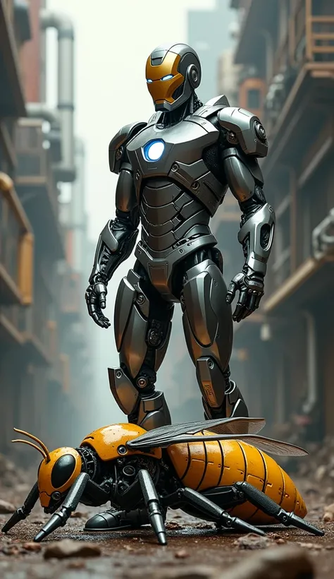 "A dramatic scene showing a sleek, iron man armored fighter standing triumphantly over a large, bumbel bee robot with mechanical details, lying defeated on the ground. The armored fighters stance is