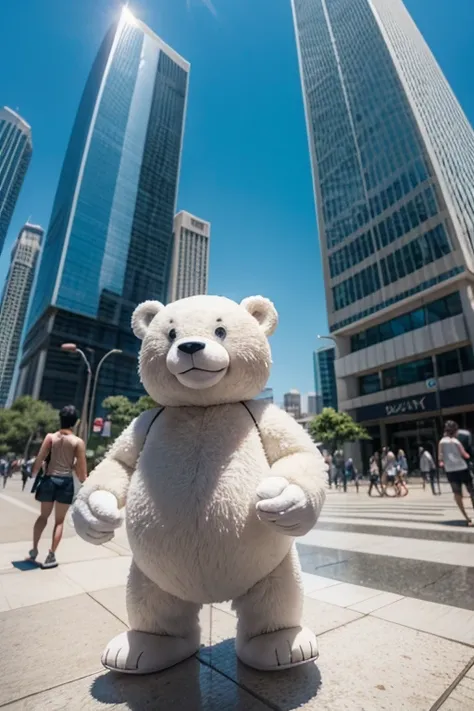  A hot Disney-style polar bear holding a Dindin in the big city in the shade of a skyscraper looking at its clean, scorching sun, Around in a hurry people walking around .   