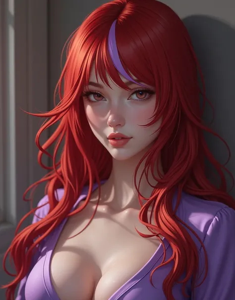 (((masterpiece))), A red-haired very beautiful girl with purple stripes in her hair and big breasts.
