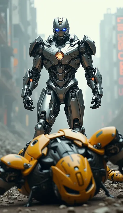 "A dramatic scene showing a sleek, iron man armored fighter standing triumphantly over a large, bumbel bee transfomers flim robot with mechanical details, lying defeated on the ground. The armored fighters stance is