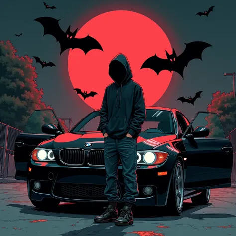 black Skinny youngman hoping out the right hand drive bmw e92 coupe, side view. wearing black airforce 1, black baggy jeans sagging, a black hoodie hiding his whole face, redmoon at 2AM. And a group of Bats in the sky written "coupe". Like American comic