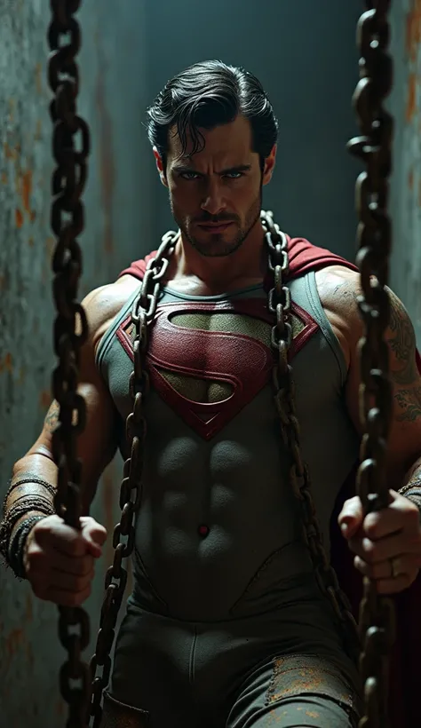 Superman in a prison cell, wearing heavy metal chains all over his body, struggling to break free, dramatic lighting, moody, dark, cinematic, gritty, (best quality,4k,8k,highres,masterpiece:1.2),ultra-detailed,(realistic,photorealistic,photo-realistic:1.37...