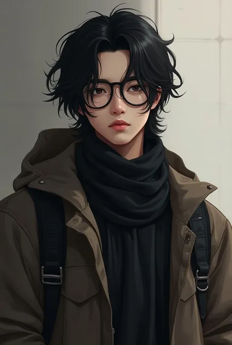 Create a character design for a 21-year-old male with long hair that falls around his face, inspired by JB from GOT7. He always wears glasses that are slightly oversized, often pushing them up to cover his eyes. His attire should look collected over time, ...