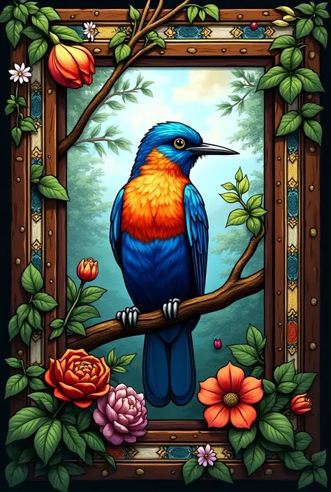  A simple  stained Glass painting In window mirror  ideas of  bird and fauna. Texture is like  lead came technique 