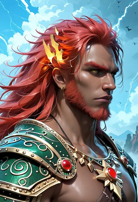 a hyper-realistic photograph of ganondorf, showcasing his powerful and intimidating presence. his fiery red hair is styled into ...