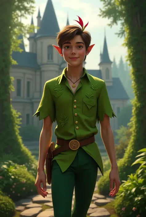  the character Peter Pan walking but a teenage version with a very handsome face with his shirt with green leaves and gold buttons and his green pants, In the background, a very giant school academy that is in a magical forest called Neverland Academy 