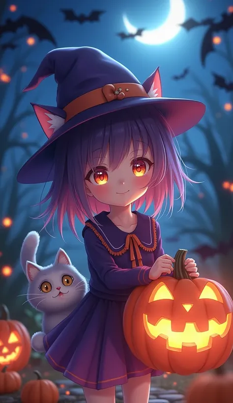 Anime Halloween girl friendship cat, 8K HDR Sharp High quality, Jack-O-Lantern. High Resolution, HD, UHD, Swirly bokeh photography. Night moon bat background. Very beautiful 