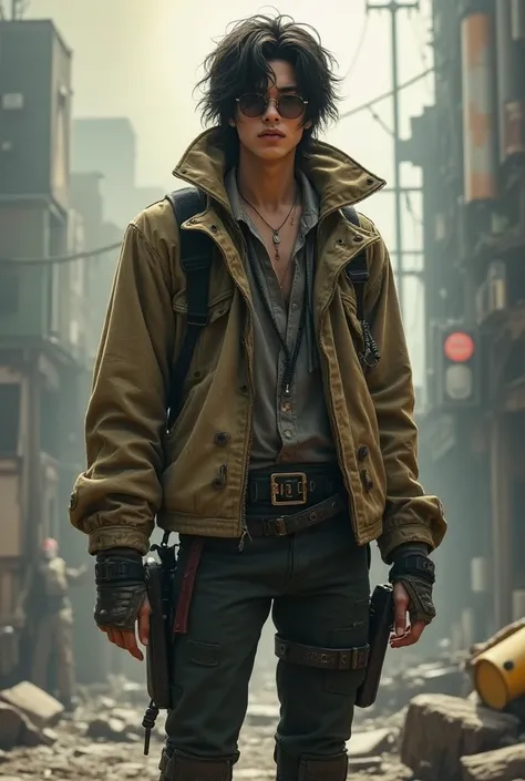 Design a 21-year-old male character named Len, living in a steampunk-space opera world. He has long, slightly messy hair inspired by JB from GOT7s Dye Not By The Moon Men era. Len is a serious and determined character, wearing mismatched, worn-out clothing...