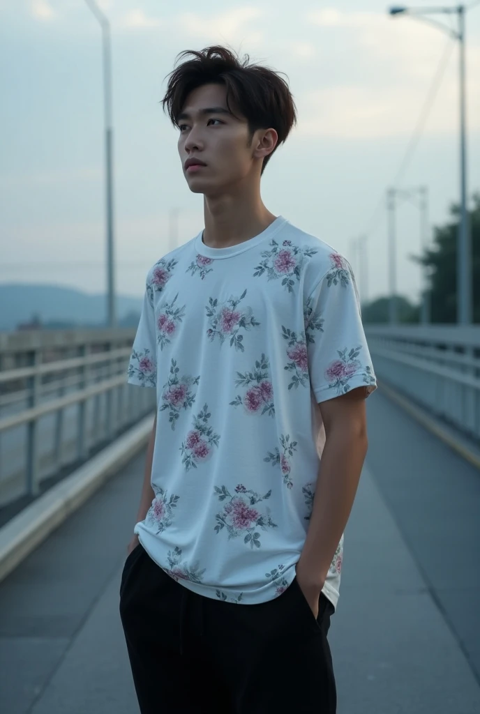 Thai man, brunette Korean hairstyle, handsome 20 years old, white floral T-shirt, black sweatpants, is on the bridge at 23:00 pm 