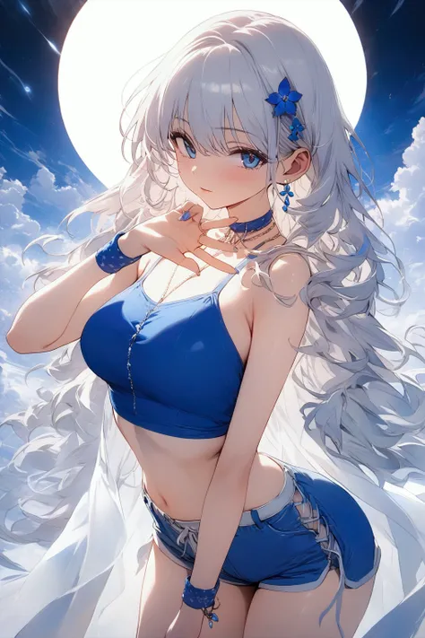 highquality illustration, masterpiece, very delicate and beautiful, attractive girl,  ((She wears blue crop top, blue shorts, wristband)), beautiful eyes, (masterpiece, best quality:1.2), highres, extremely detailed CG unity 8k wallpaper, perfect lighting,...