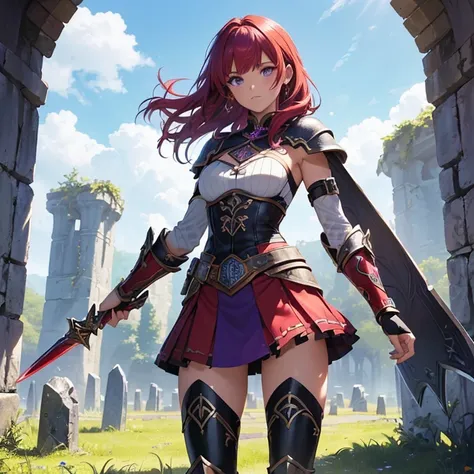 Masterpiece, HD, High Resolution, Best Quality, High Quality, High Details, Super Detailed. High fantasy genre, fantasy artwork. Solo character alone. “Warcraft styled aesthetic”.
{{(A 14-years-old scarlet-red-haired barbarian girl warrior:(appearance: fai...