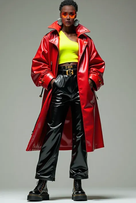 Ele porte veste oversize en cuir rouge de Balenciaga associée à un pantalon taille haute en vinyle noir dAlexander McQueen. La tenue est complétée par un haut asymétrique jaune fluo dOff-White. Les accessoires incluent de grandes boucles doreilles géométri...