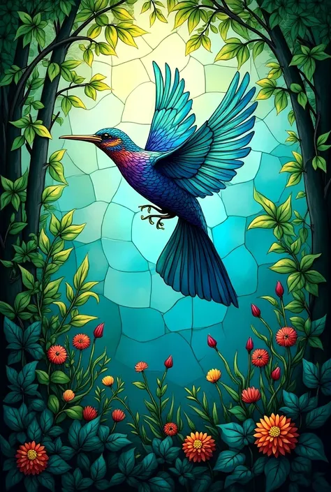  A simple  stained Glass painting  ideas of   flying bird and fauna. Texture  of stained glass painting 