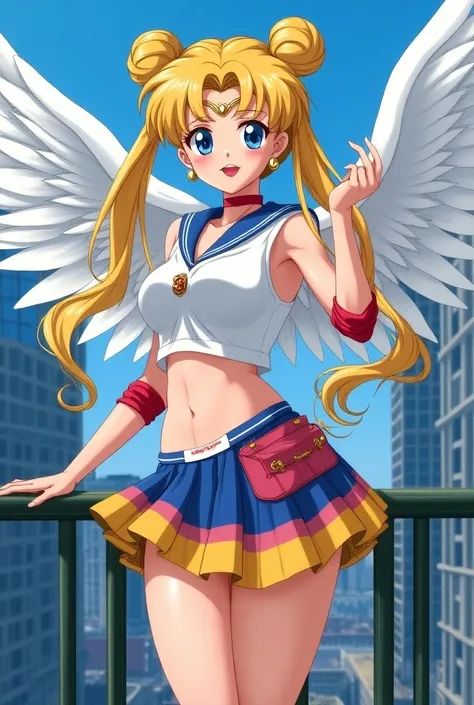 Serena sailor moon ,  dressed in her eternal sailor moon costume,   white miniskirt with three colors on the hem yellow blue and pink ,  her hair is long and blond tied in two pigtails and her bangs fall . Above her blue eyes , and her blouse is made of a ...