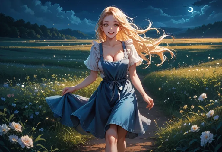 (1girl, solo:1.2, (shes walking happy)), (girl is beautiful (wearing only a blue short apron, cleavage):1.2, (blonde long hair), (detailed olive eyes)):1.2, (crop field, night, moonlight), (full body)