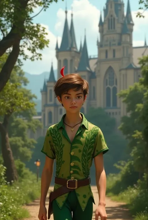 The character Peter Pan walking but a 16-year-old teenager with a very handsome face with his shirt with green leaves and gold buttons and his green pants, In the background, a very giant school academy that is in a magical forest called Neverland Academy 