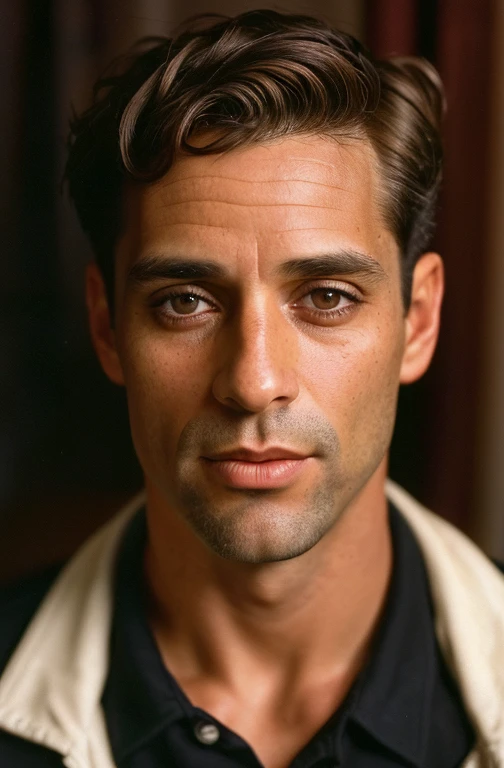 (close-up, editorial photograph of a 40 yo man from the 1940s), (highly detailed face:1.4) (smile:0.7), Tall and fit, (40 years old :1.2), (shaven:1.2), (very short brown curly hair:1.3), ((very short hair:1.3)) (background inside dark, moody, private stud...