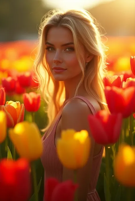 Create a portrait of a beautiful woman standing amidst a bed of vibrant tulips. The sun is shining on her face, illuminating the golden highlights in her hair.