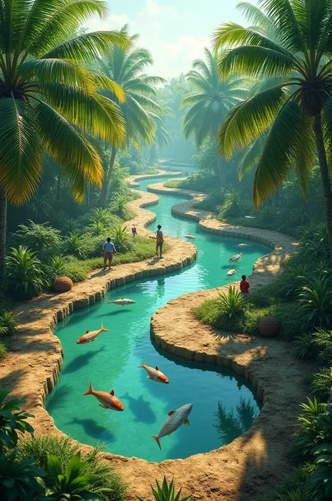 "Create a realistic scene of a sustainable farming system that integrates coconut farming with fish ponds. In the image, tall, lush coconut trees with green fronds surround a network of rectangular or circular fish ponds filled with clear water. The roots ...