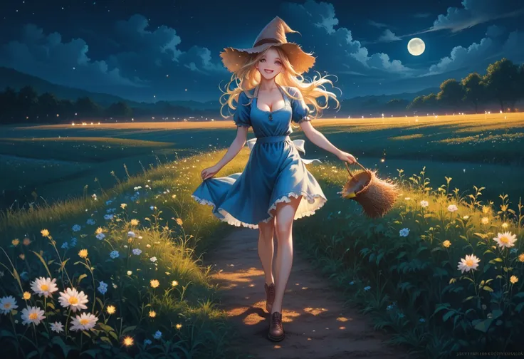 (1girl, solo:1.2, (shes walking happy)), (girl is beautiful (wearing only a blue short apron, cleavage):1.2, (blonde long hair), (detailed olive eyes)):1.2, (crop field, night, moonlight, scarecrow), (full body)