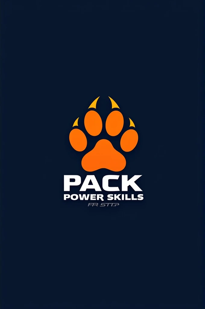 "Create a logo with a large paw print in the background, outlined in a bold color. Inside the paw, incorporate the brand name PackPowerSkills™️ in a modern, strong font. Include a detailed image of a dog collar on the side of the text, symbolizing training...