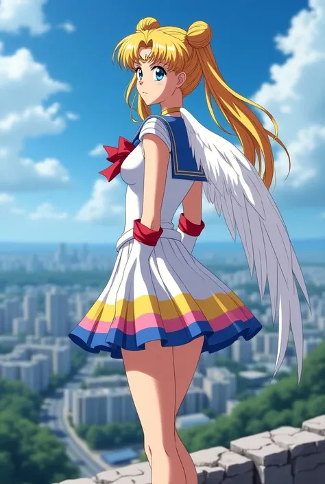 Serena sailor moon ,  a beautiful 25-year-old woman dressed in her eternal sailor moon costume ,  white miniskirt,  on the east shore three colors on the hem yellow blue and pink,  her hair is long and blond tied in two pigtails and her bangs fall . Above ...