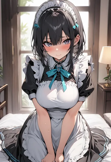 beautiful hair, cute, masterpiece,maid uniforml,black hair,large breasts,short hair,