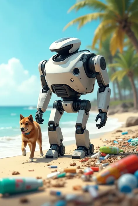 Create a robot,  collecting garbage from a beach , accompanied by a dog 
