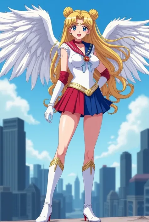 Serena sailor moon ,  a beautiful 25-year-old woman dressed in her eternal sailor moon costume ,  white miniskirt,  on the east shore three colors on the hem yellow blue and pink,  her hair is long and blond tied in two pigtails and her bangs fall . Above ...