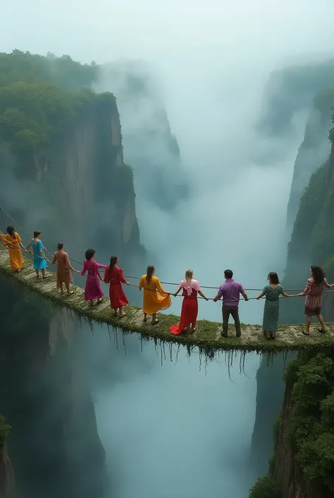 Photograph of a terrifying fashion show on a suspension bridge over a gorge; the bridge is made of ivy and is wide enough for two people to pass each other; there is a sea of clouds below the bridge; the fashion models are all wearing different coloured cl...