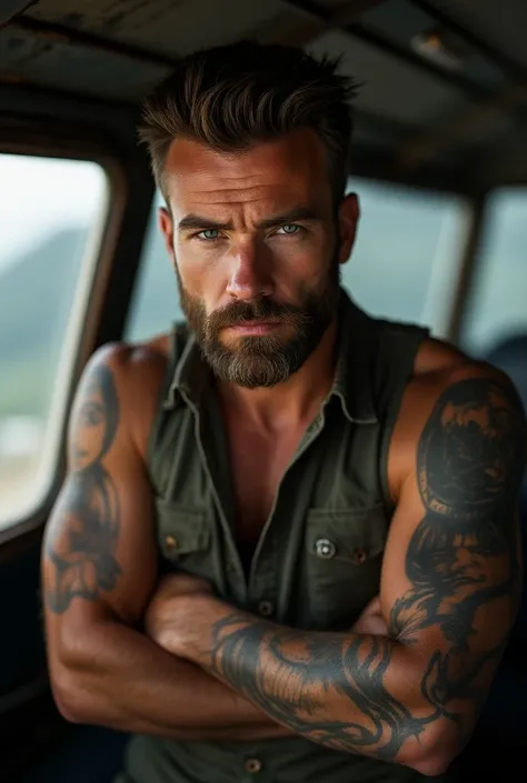 He is an attractive 40 year old man, handsome with macho airs.., With a rough and rustic look., very loud and noisy, with a thick beard and freckles on his face.  Tattoo on a full arm and blue eyes .  in a fashion shoot inspired by the movie Top Gun.  The ...