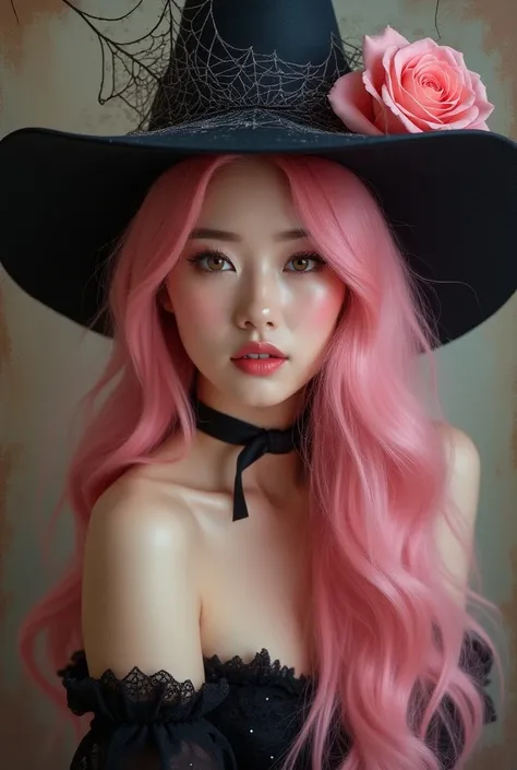 Korean Woman Oil Painting Pink Female Witch Image Beauty Glowing Skin Soft Glowing Shining Highlighter Pink Hair Witch Retro Spider Web Vintage Antique Spider Web On Pointed Pink Witch Hat Wearing Spider Web Ribbon Pink body tied with dew on spider web Pin...