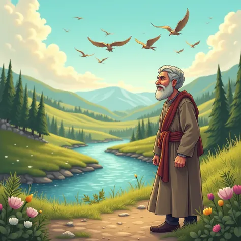 A rander realistic cartoon image Write about how the results of Yunus Emres discipleship and spiritual efforts are expressed in his poetry and philosophy