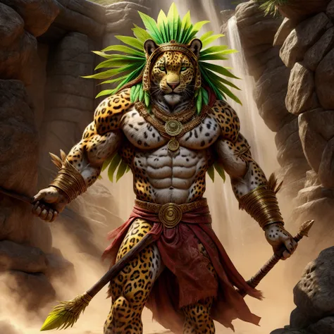 jaguar with human body, muscular and strong body, with a green and yellow feather headdress, holding a wooden spear, representin...