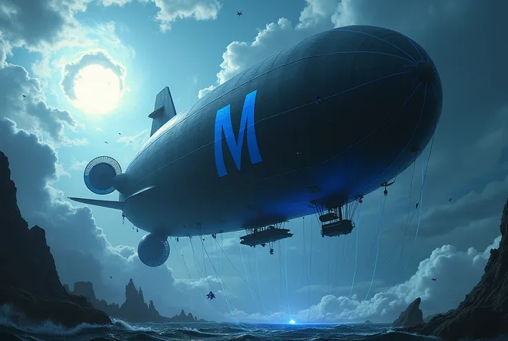  Black airship balloon with blue  , third person ,A storm background  ,  a hurricane in the background High resolution,  High quality, bottom view, Long fabric format,  motion graphic  , Lines of action, ray tracing, surrealism,  the initial M in front of ...